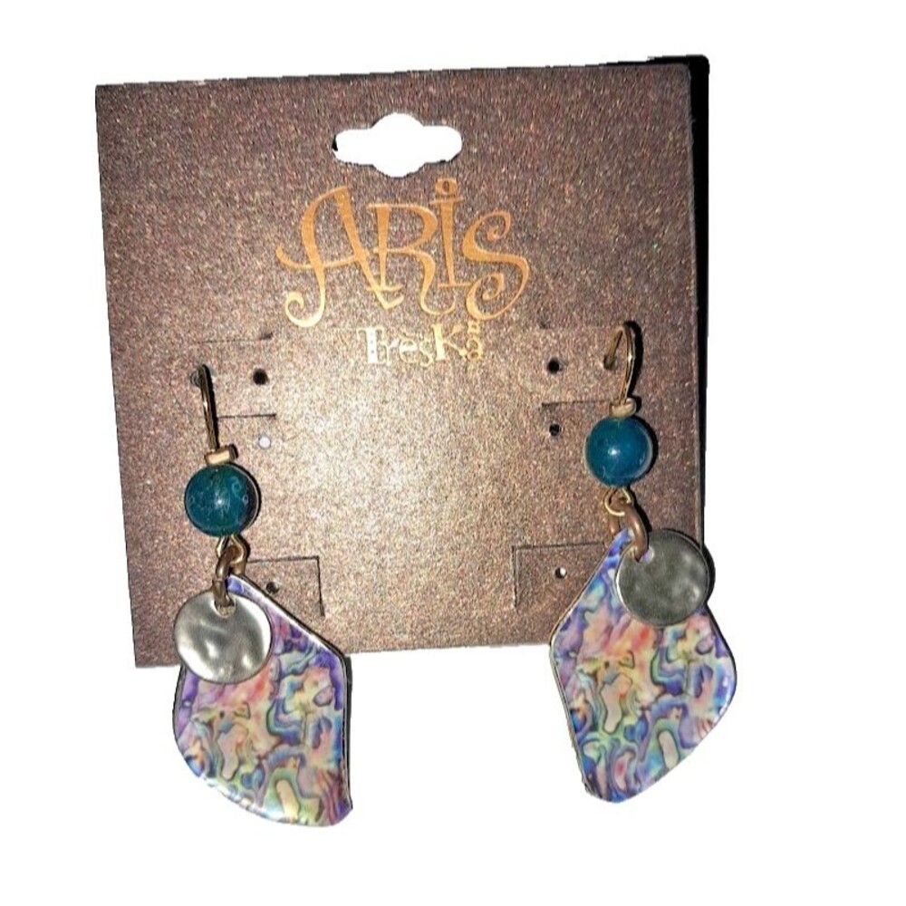 Boho Rustic Earrings featuring iridescent Abalone shell pendants paired